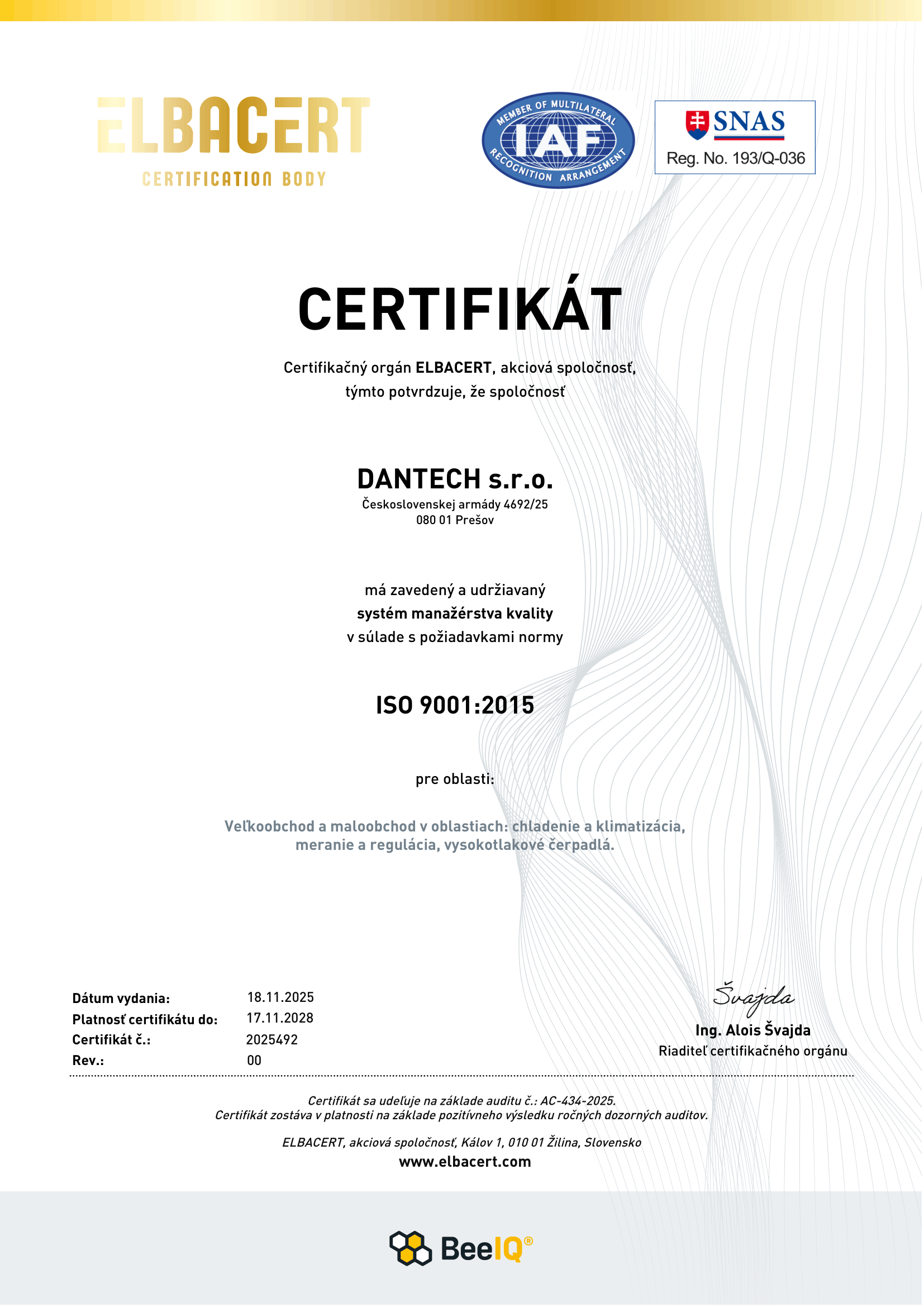 ISO 9001:2015 certifikát – slovenská verzia